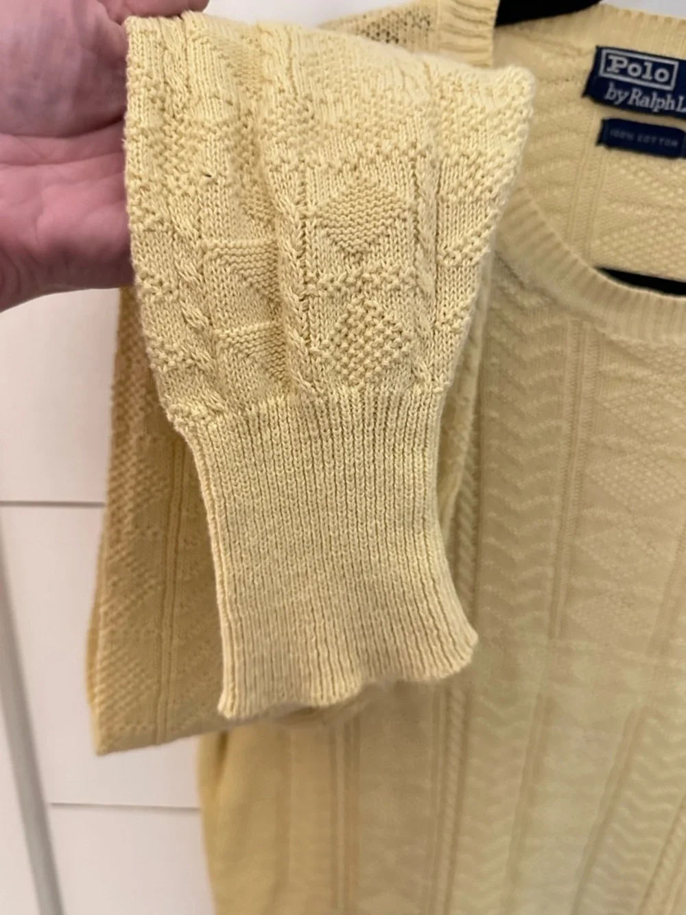 VTG M Polo Ralph Lauren Yellow Cable Knit Sweater 100% Cotton Crewneck Classic - Picture 6 of 12